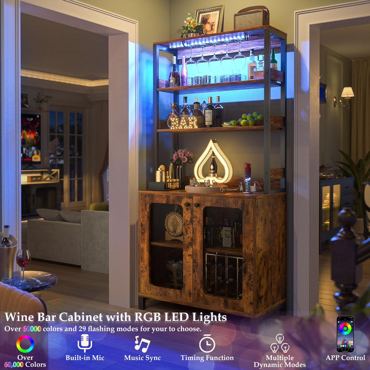 Aheaplus Bar Cabinet with Power Outlets, 67" Tall Wine Bar Cabinet Liquor Cabinet with LED Lights & Glass Holder, Coffee Bar Station for Living Room, Microwave Stand Bakers Rack Cabinet, Rustic Brown Aheaplus