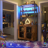 Aheaplus Bar Cabinet with Power Outlets, 67" Tall Wine Bar Cabinet Liquor Cabinet with LED Lights & Glass Holder, Coffee Bar Station for Living Room, Microwave Stand Bakers Rack Cabinet, Rustic Brown Aheaplus