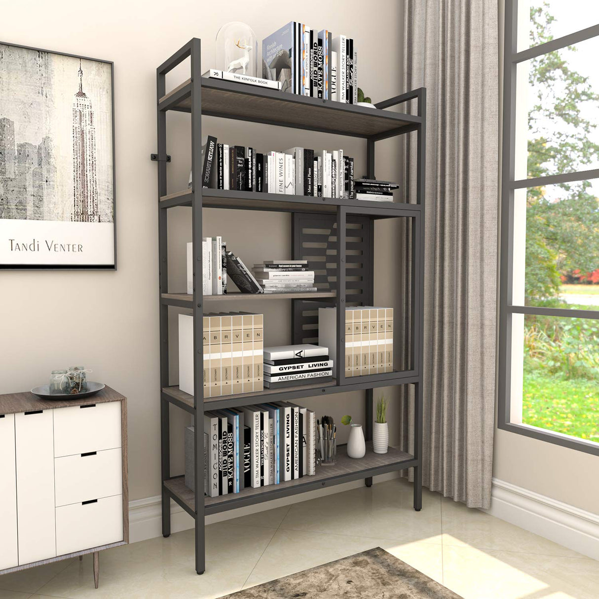 Weehom 5-Tier Adjustable Industrial Bookshelf, Modern Wood Bookcase with Stable Metal Frame, Open Storage Shelves Standing Shelving Unit for Living Room Bedroom Kitchen Office Weehom