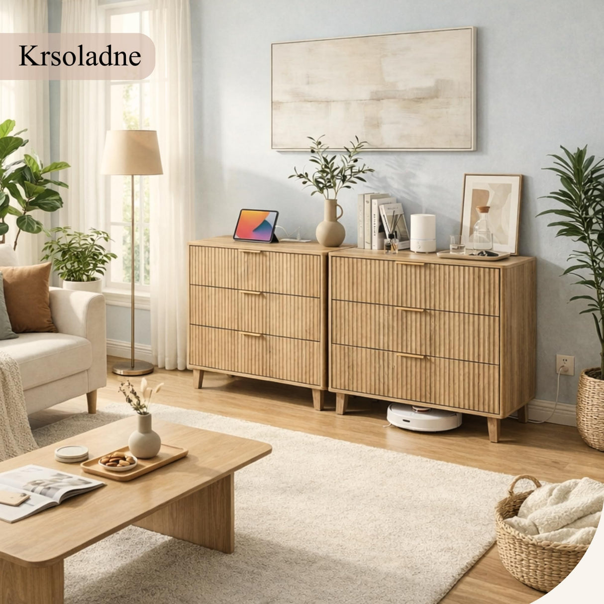 Krsoladne 3 Drawer Dresser for Bedroom - Mid Century Modern Style Wood Nightstand, Small Fluted Dresser for Bedroom and More Krsoladne