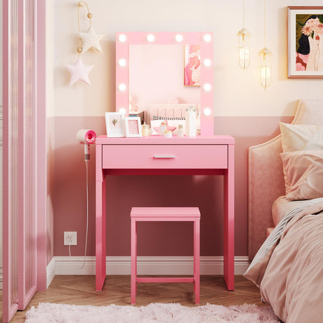 Makeup Vanity Desk with Mirror and Lights, Pink Vanity Table and Chair Set, Brightness Adjustable, Small Vanity for Girls' Bedroom Titoni