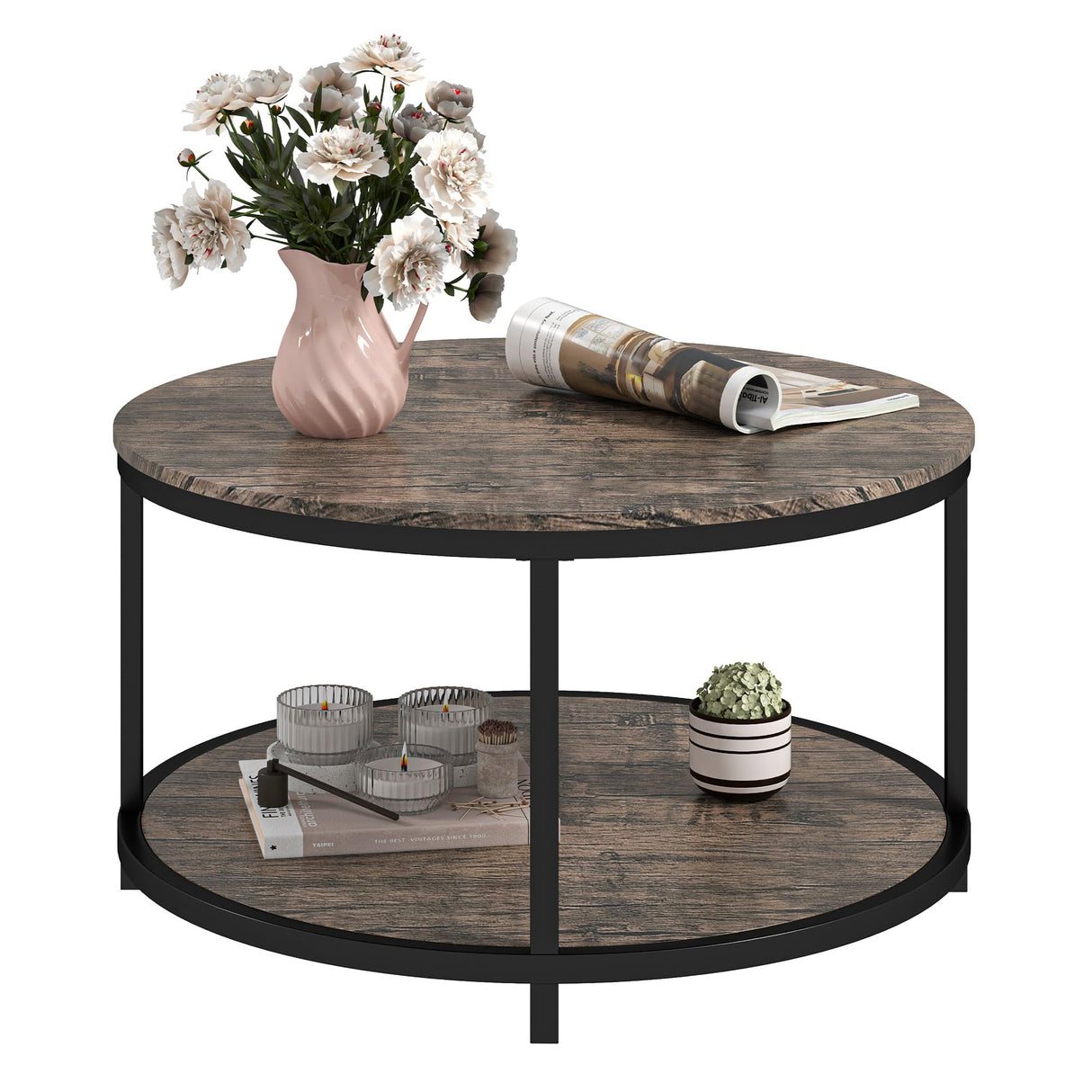 ROCSUMOO 33.5”Coffee Table for Living Room, Round Coffee Table with 2-Tier Storage Shelf, Wood Side Table Modern Open Storage for Bedroom Home Office (Round, Walnut) ROCSUMOO