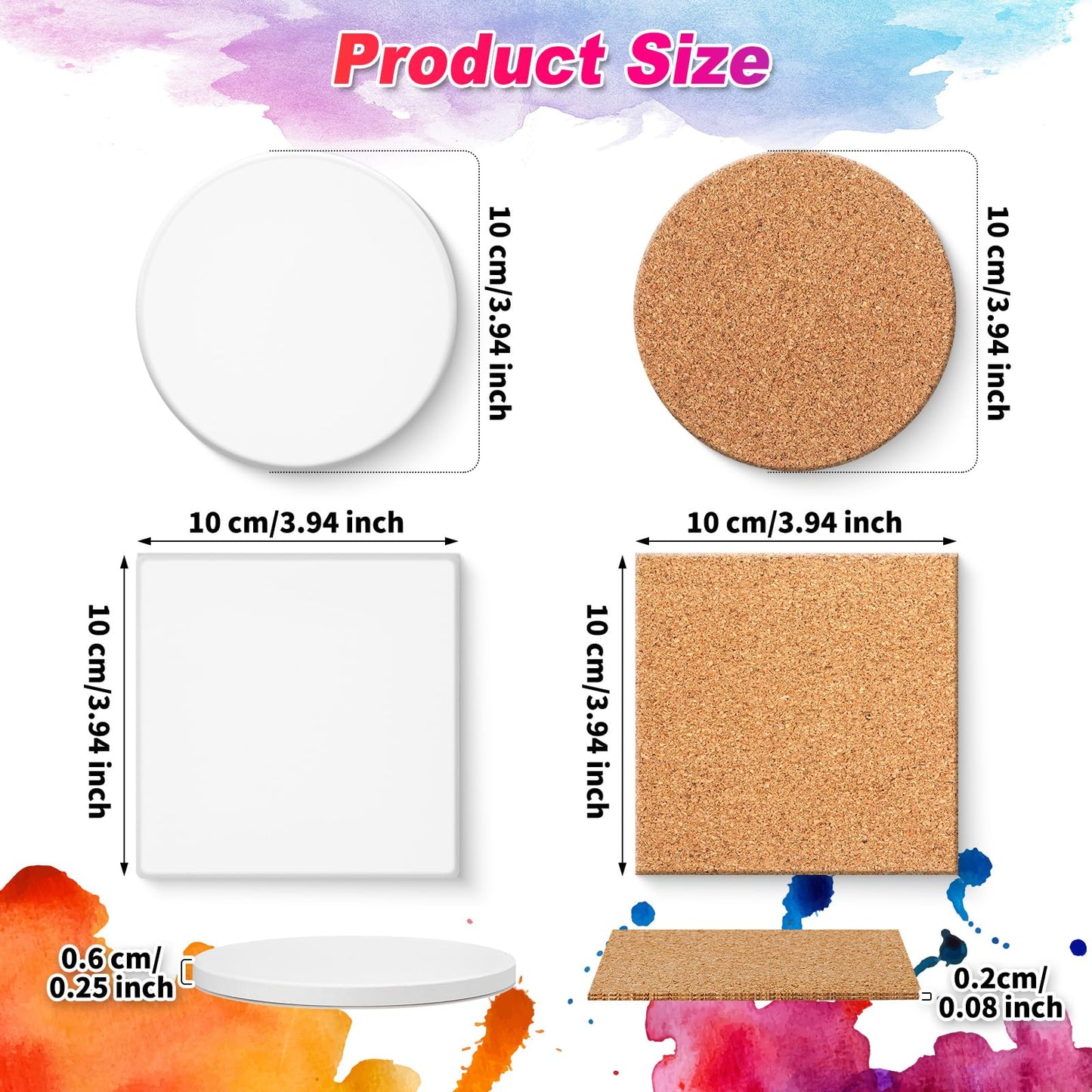 Suttmin 144 Pieces Ceramic Tiles for Crafts Coasters White Ceramic Tiles for Crafts Blank Unglazed Ceramic Tiles with Cork Backing Pads for Painting DIY Art Gift Project(Round, Square)