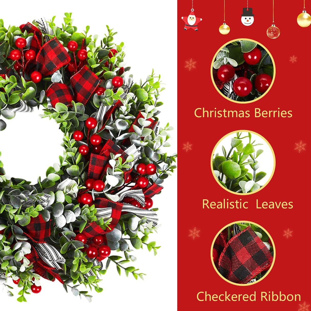 MTSCE Christmas Wreath, Front Door Decoration Wreath Winter Garland Artificial Wreath for House Party Outdoor Indoor Red Black Plaid Wreath-18 Inch MTSCE