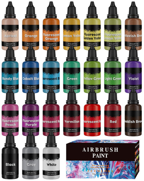 Airbrush Paint Set, 24Colors Acrylic Air Brush Paint Kit, Ready to Spray Water-Based Opaque & Neon Colors for Artists, Beginners, and Students, DIY Projects, 30 ml/1.01 Fl Oz Bottle O Rexley