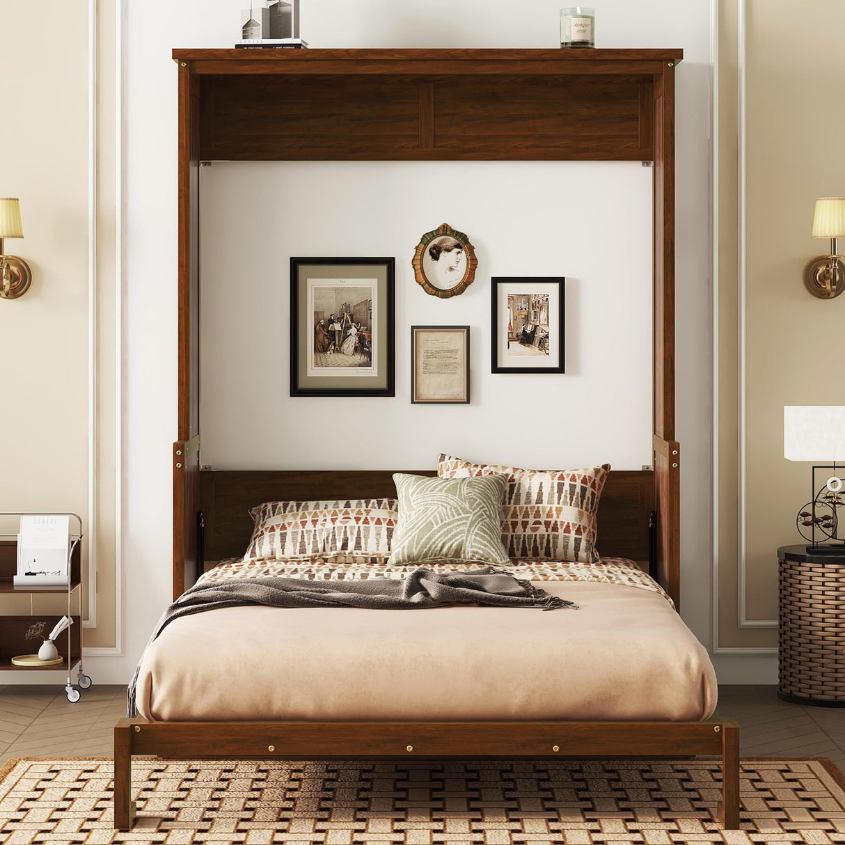 PVWIIK Queen Size Murphy Bed with Storage Shelf & Support Plate for Adult,Girls,Boys,Wood Hidden Wall Bed Cabinet,Space-Saving,No Box Spring Needed, Walnut PVWIIK