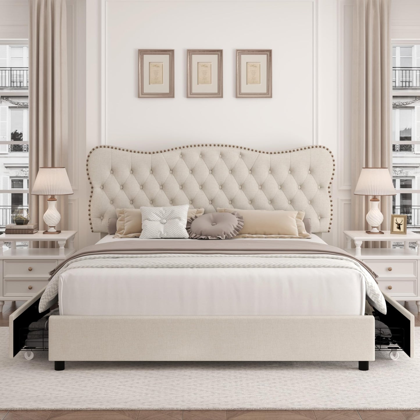 HOSTACK King Bed Frame with 4 Storage Drawers and Upholstered Button Tufted Headboard - Heavy Duty Mattress Foundation in Beige - WoodArtSupply