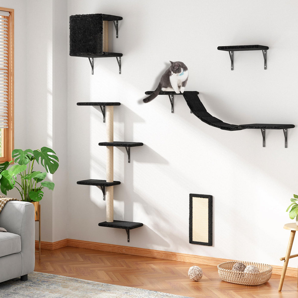COZIWOW Wall Mounted Cat Furniture, Cat Wall Shelves and Perches, Floating Cat Shelves for Wall Set of 5 (Black) COZIWOW