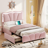 FORABAMB Twin Bed Frame with 4 Drawers, Upholstered LED Bed Frame with Adjustable Flowers Headboard, Platform Bed Frame Twin Size with Wooden Slats Support, No Box Spring Needed, Pink FORABAMB