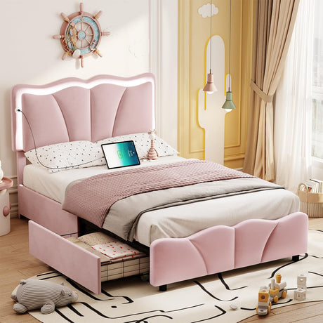 FORABAMB Twin Bed Frame with 4 Drawers, Upholstered LED Bed Frame with Adjustable Flowers Headboard, Platform Bed Frame Twin Size with Wooden Slats Support, No Box Spring Needed, Pink FORABAMB