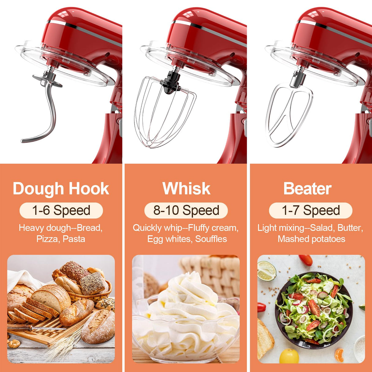 CEBORY 3-IN-1 Electric Stand Mixer, 6.5QT Bowl 10-Speed Kitchen Mixer, Household Food Mixers include Dough Hook, Beater and Whisk, Bread Cake Mixer for Baking and Most Home Cooks, Red CEBORY