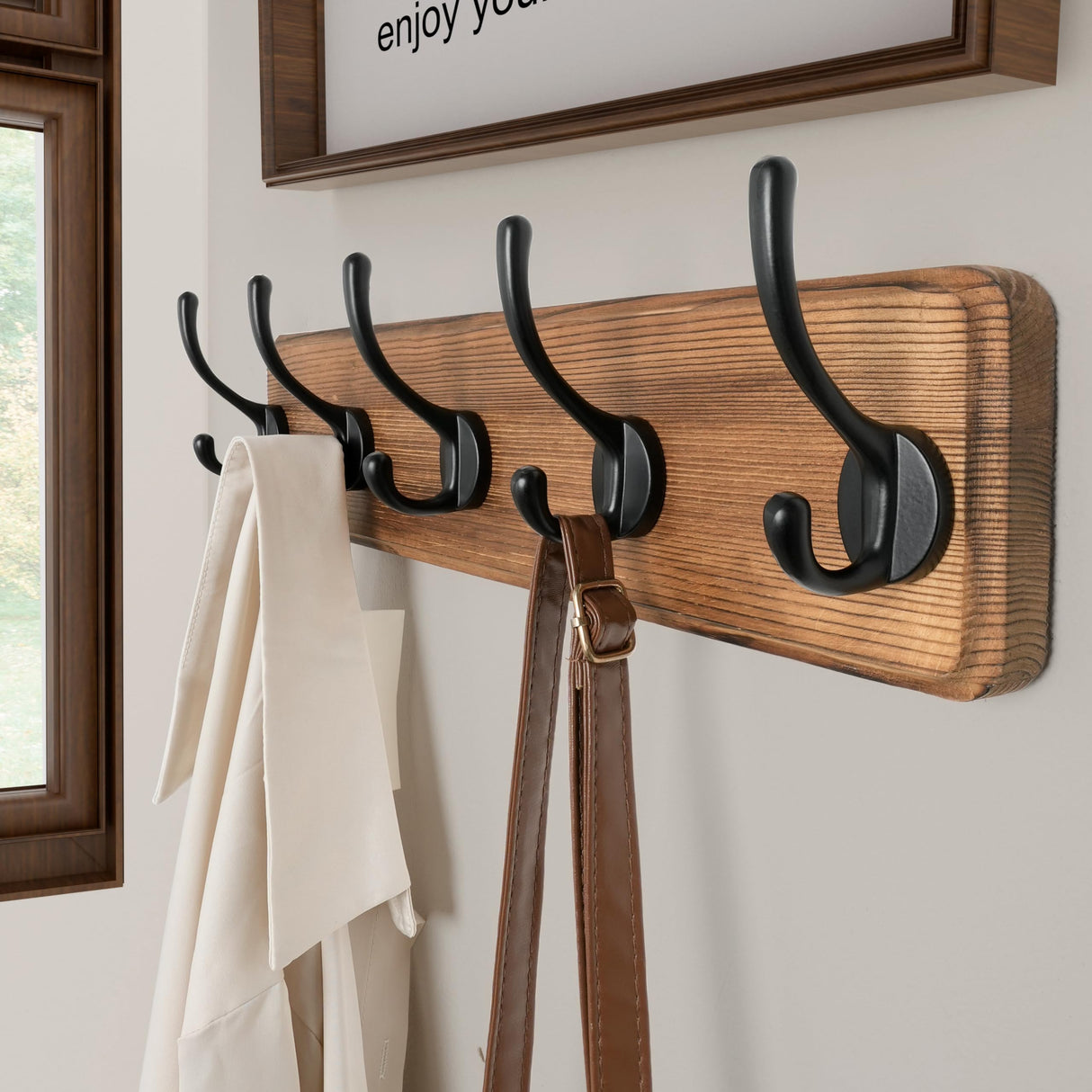 SKOLOO Rustic Wall Mounted Coat Rack with 16 Inch Mounting Hole Distance, Pine Solid Wood Coat Hook Hanger - 5 Hooks for Hanging Clothes Robes Towels Coats SKOLOO