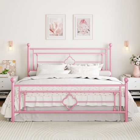 SHA CERLIN 14 Inches King Size Metal Platform Bed Frame/Vintage Iron-Art Headboard and Footboard/Mattress Foundation for Storage/No Box Spring Needed/Noise-Free/Easy Assembly/Pink SHA CERLIN