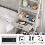 AMERLIFE Full Bed Frame with Wide Headboard and 4-Tier Bookshelves, Farmhouse Platform Bed with Charging Station & 2 Drawers, Noise-Free, No Box Spring Needed, Rustic White AMERLIFE