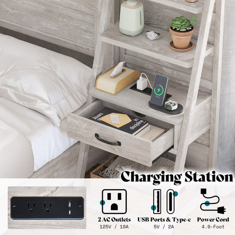 AMERLIFE Full Bed Frame with Wide Headboard and 4-Tier Bookshelves, Farmhouse Platform Bed with Charging Station & 2 Drawers, Noise-Free, No Box Spring Needed, Rustic White AMERLIFE