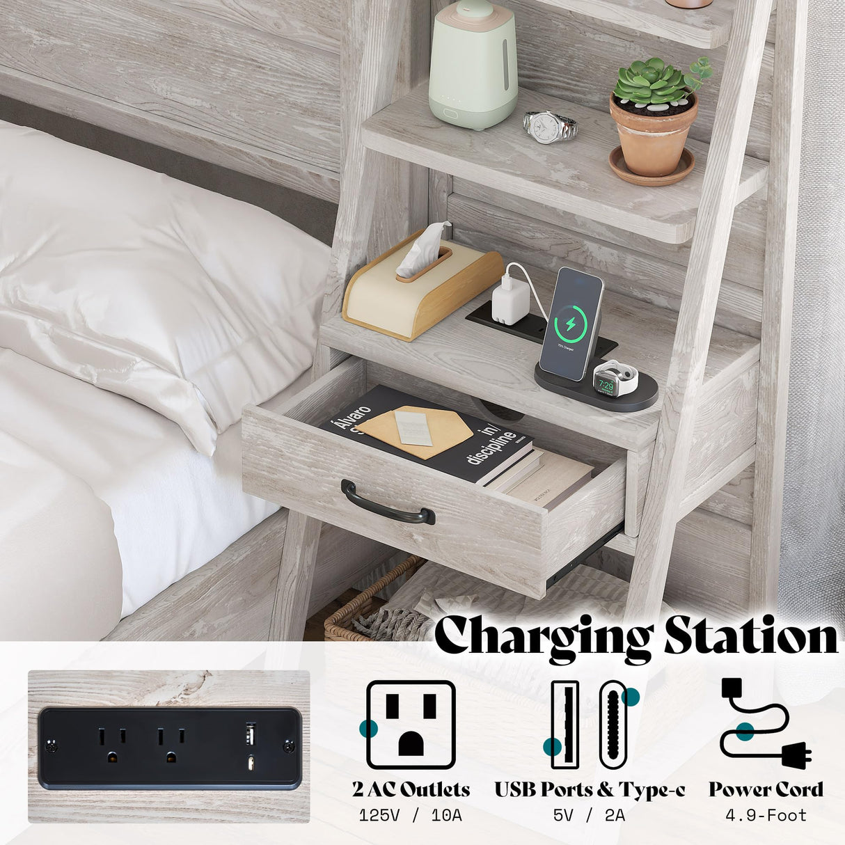 AMERLIFE King Bed Frame with Wide Headboard and 4-Tier Bookshelves, Farmhouse Platform Bed with Charging Station & 2 Drawers, Noise-Free, No Box Spring Needed, Rustic White AMERLIFE