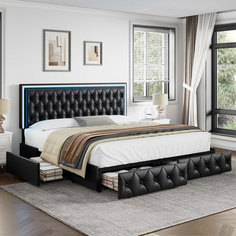 Keyluv Queen Upholstered LED Bed Frame with 4 Storage Drawers and Adjustable Tufted Headboard, Black Keyluv