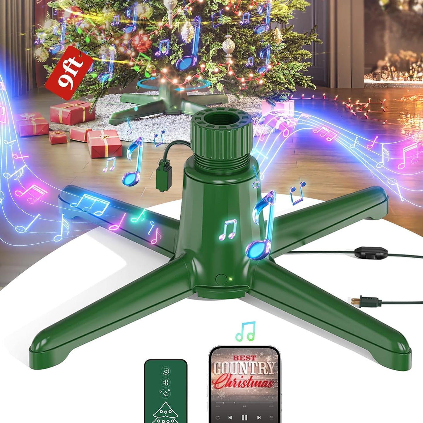 Musical Rotating Christmas Tree Stand, UL Certified Up to 9ft 120 lb Artificial Christmas Tree with Speaker, Spinning Stand with Remote, Fit for 1.25-2" in Tree Poles - 800W