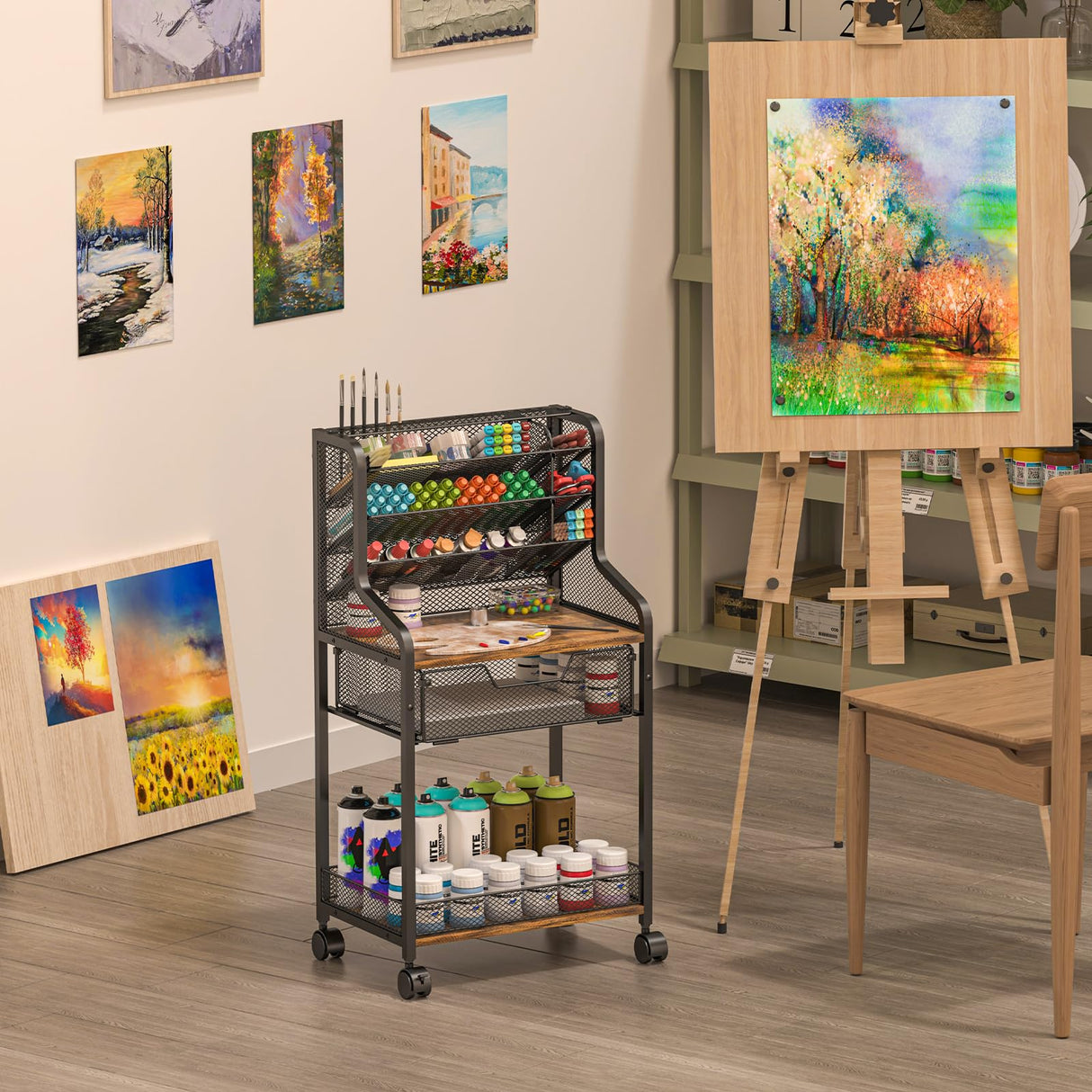 Small Rolling Utility Cart with Drawer, Metal Craft Storage Cart with Lockable Wheel, Versatile Art Organizer with 6 Tiers & Removable Dividers for Drawing Room, Store Paint & Artifact, Patent Pending Jakyitvi