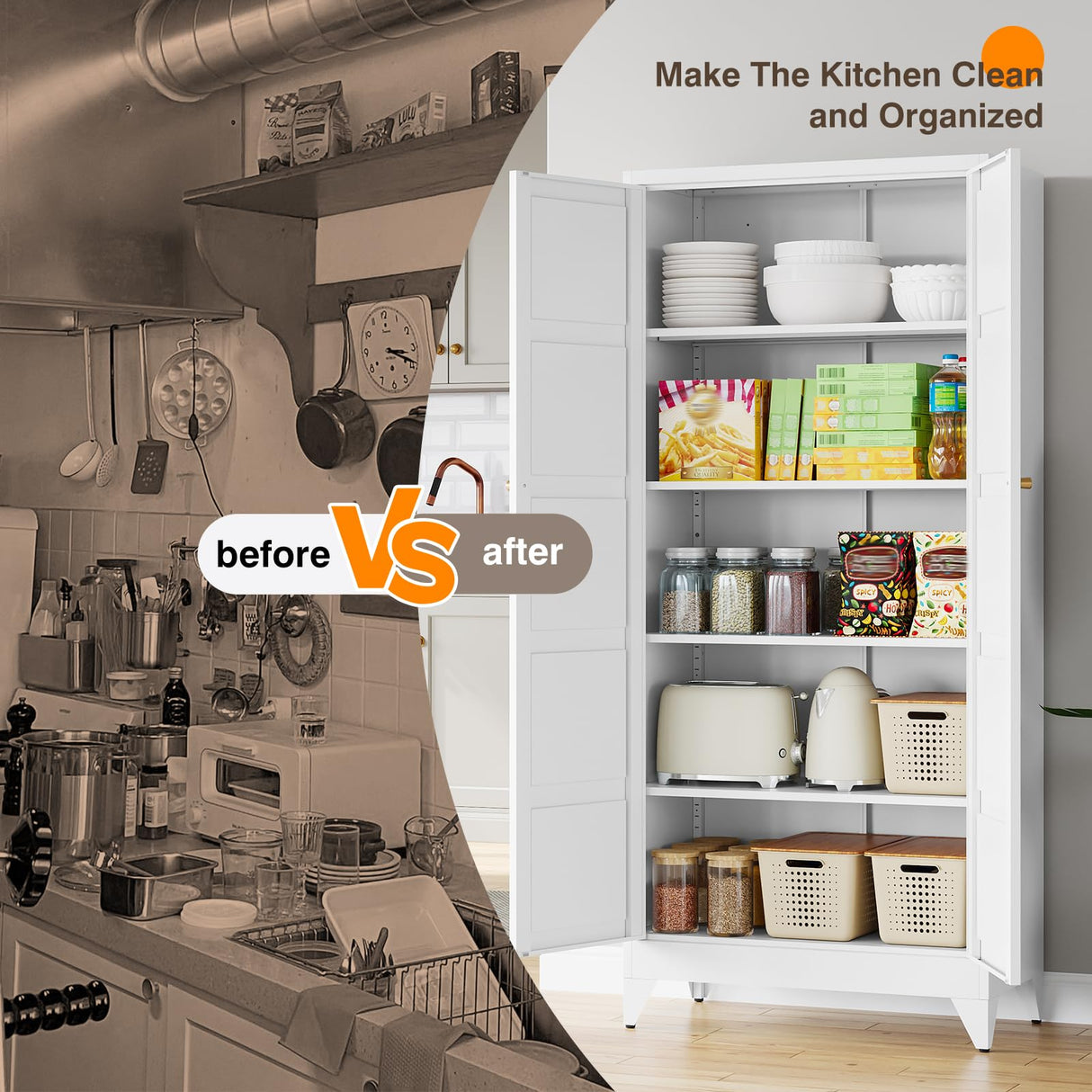 Yizosh Metal Storage Cabinet with 2 Doors and 4 Adjustable Shelves,- 72" White Kitchen Pantry Storage Cabinet for Kitchen,Living Room,Dining Room Yizosh