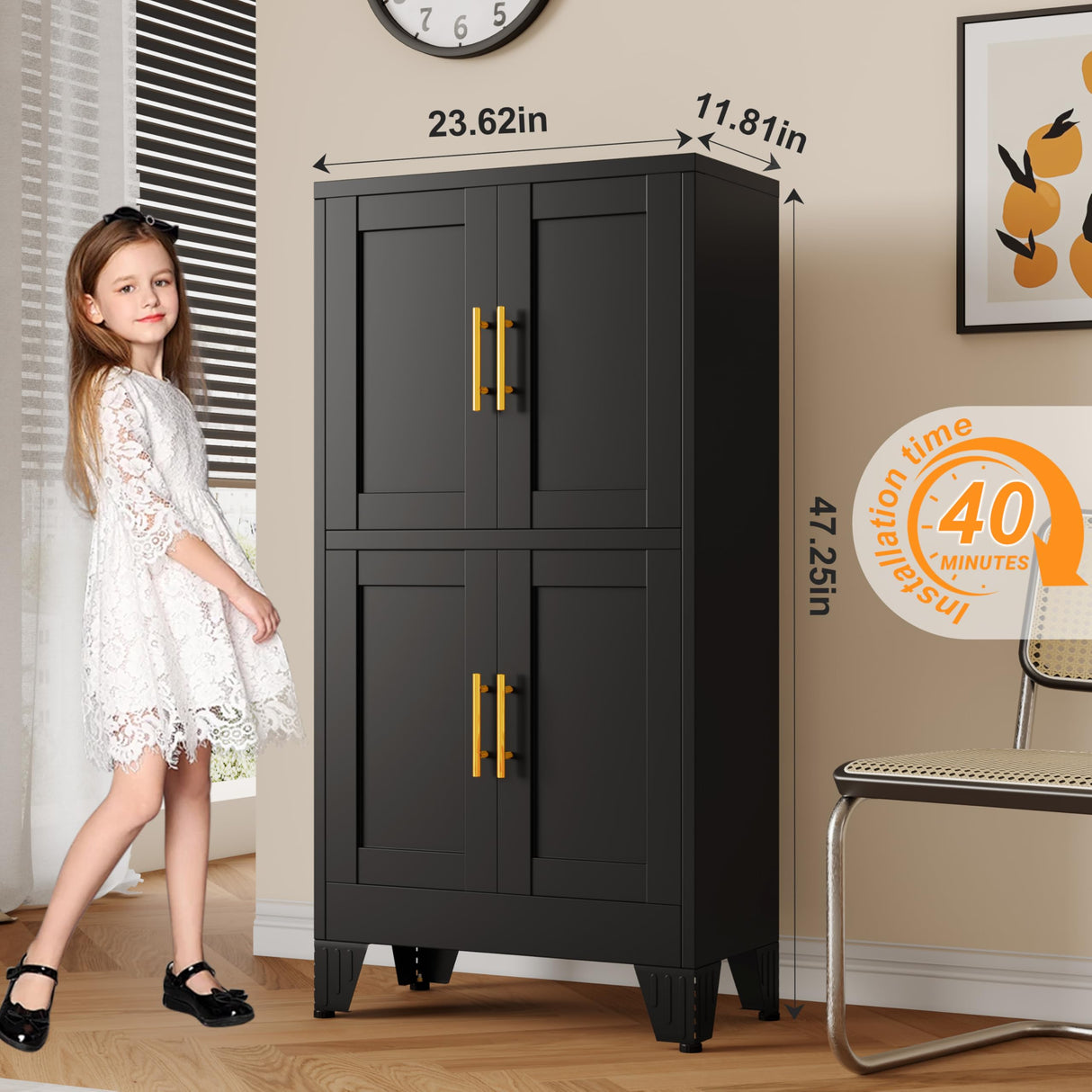 GAIOUS 47.25" Metal Storage Cabinet, Pantry Storage Cabinets with 4 Door and 2 Adjustable Shelves, Black Kitchen Food Storage Cabinet, Metal Utility Cabinet for Kitchen Dinning Room, Cupboard GAIOUS