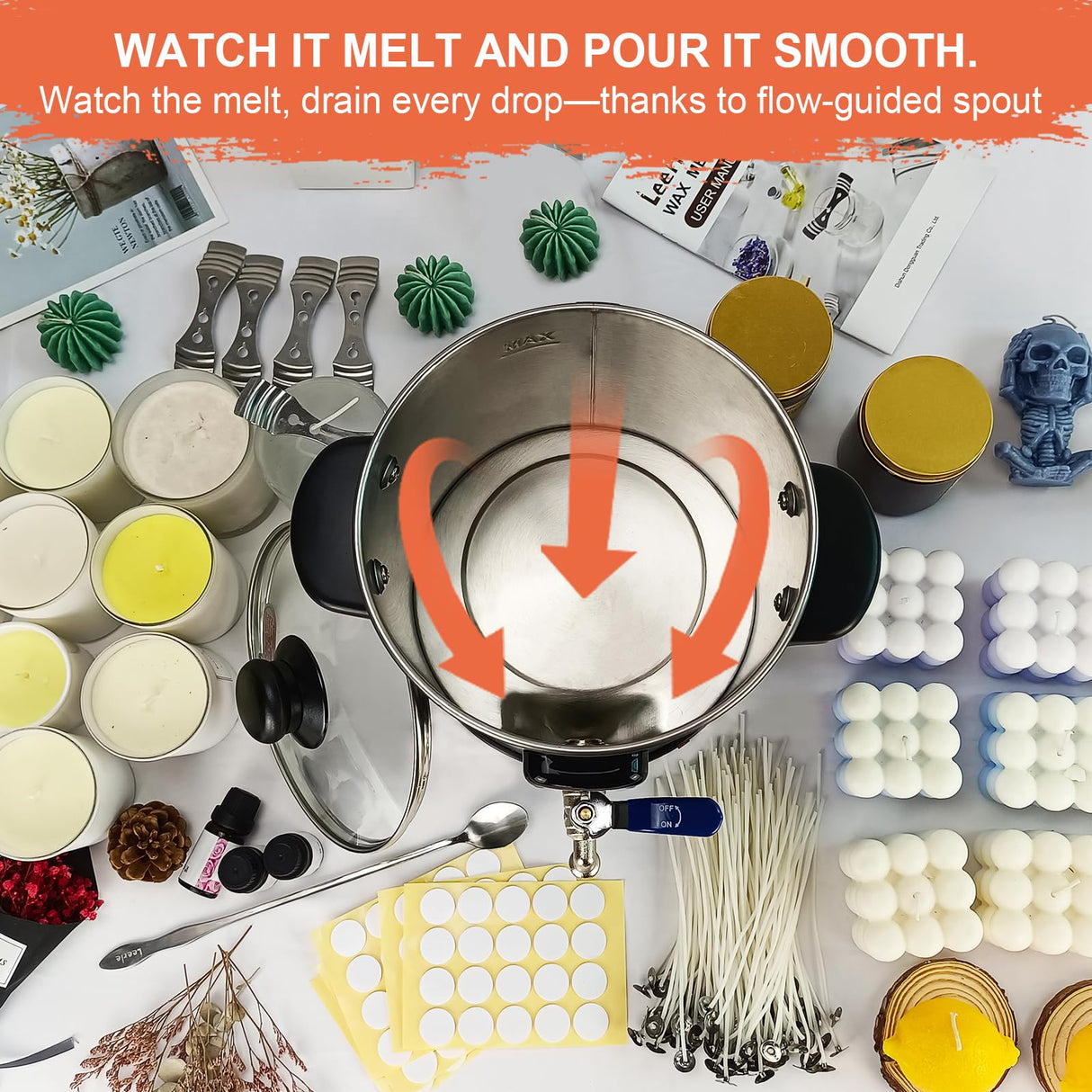 Leerie M4 8Lbs Wax Melter for Candle Making – Heating Core Brass Spout & Temp Control, No Clog, Easy to Clean – Electric Wax Melting Pot for DIY Candle Makers & Beginners Leerie