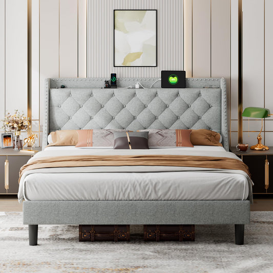 iPormis Deluxe Wingback King Bed Frame with USB Charging Ports & Storage Headboard in Light Grey - WoodArtSupply