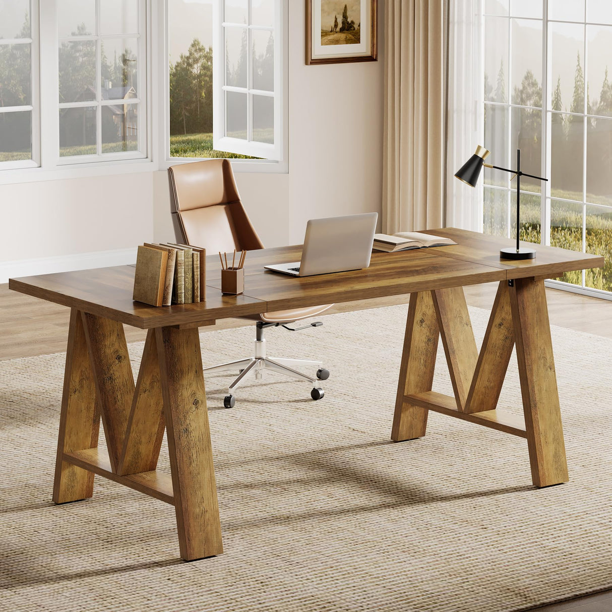 Tribesigns 63" Executive Desk, Farmhouse Wooden Office Computer Desk, Large Workstation Writing Table with Sturdy Legs for Home Office, Brown Tribesigns