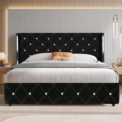 HOMBCK Queen Size Bed Frames with Headboard, Black Velvet Queen Bed Frame with Wingback, Upholstered Bed Frame with Diamond Headboard, Wood Slat Support, No Box Spring Needed, Easy Assembly