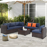 FHFO 7 Piece Outdoor Wicker Patio Furniture Set, Rattan Sectional Sofa Couch, Patio Conversation Set with Cushion & Coffee Table, for Backyard Poolside Porch Garden, Brown-Blue FHFO