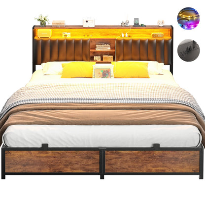 Aheaplus King Size Bed Frame with Charging Station, LED Lights & Leather Headboard in Rustic Brown - WoodArtSupply