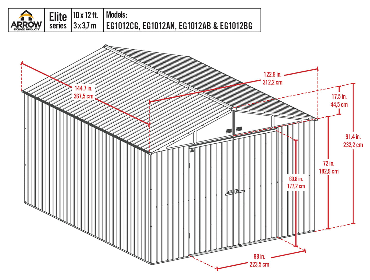 Arrow Shed Elite 10' x 12' Tall Outdoor Steel Storage Shed with High Gable and Lockable Doors Storage Building, Cool Grey Arrow