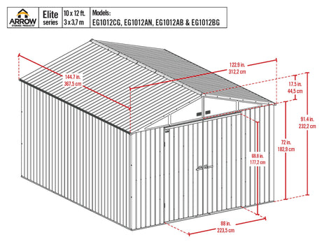 Arrow Shed Elite 10' x 12' Tall Outdoor Steel Storage Shed with High Gable and Lockable Doors Storage Building, Cool Grey Arrow