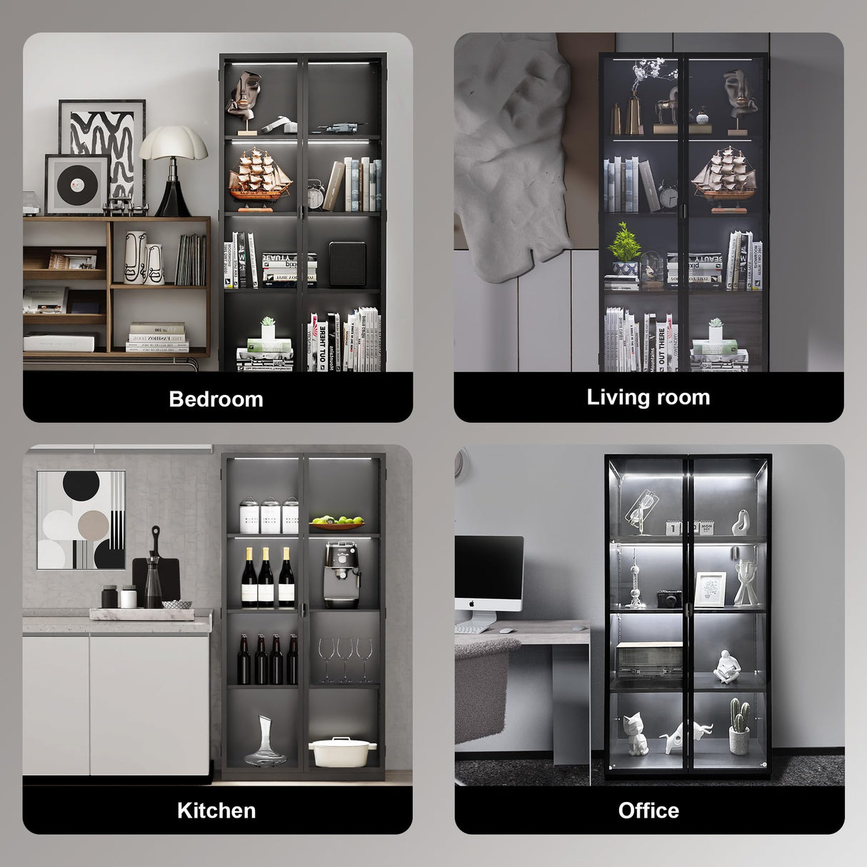 Kelueo Display Cabinet with Glass Doors,Tall Glass Display Cabinet with LED Lights,Display Cabinets for Collectibles with 3 Adjustable Shelves for Living Room,Bedroom,Office Assemble Required Kelueo