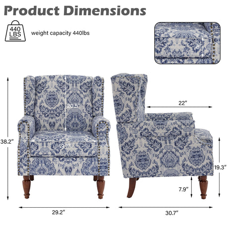 UIXE High Back Floral Accent Chairs Set of 2, Upholstered Armchair in Fabric, Retro Printed Wingback Arm Chair for Living Room, Nailhead Trim Single Sofa Bedroom Reading Seat - Navy Blue UIXE
