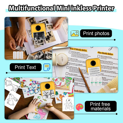 HuiJuKeJi Mini Sticker Printer Bluetooth Smart Pocket Inkless Thermal Printer with 11 Rolls Thermal Paper and Sticker for iOS&Android Print Pod, Portable Receipt Printer for Photo Note Memo (Yellow)