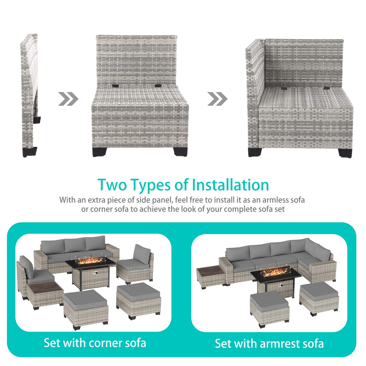 Muphyers 9-Piece Outdoor Patio Furniture Set with 55,000 BTU Fire Pit Table, PE Wicker Rattan Sectional Sofa Patio Conversation Set with Ottomans & Coffee Table, Grey Muphyers