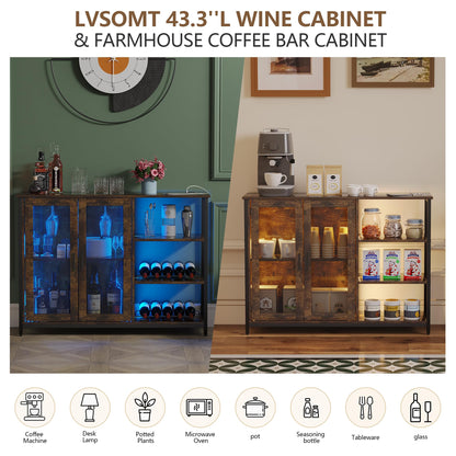 LVSOMT LED Farmhouse Coffee Bar Cabinet, Wine Cabinets with Removable Wine Rack, Buffet Cabinet with Motion Sensor for Kitchen, Dining Room (Brown-43.3''L) - WoodArtSupply