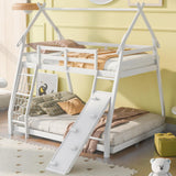 Merax Twin Over Queen House Bunk Bed Frame Solid Wood with Climbing Nets and Climbing Ramp for Boys Girls,Playroom,White Merax
