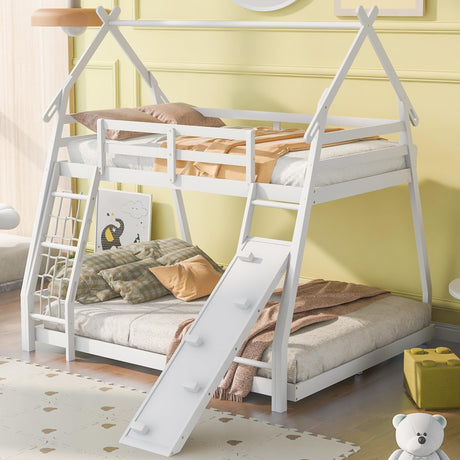 Merax Twin Over Queen House Bunk Bed Frame Solid Wood with Climbing Nets and Climbing Ramp for Boys Girls,Playroom,White Merax