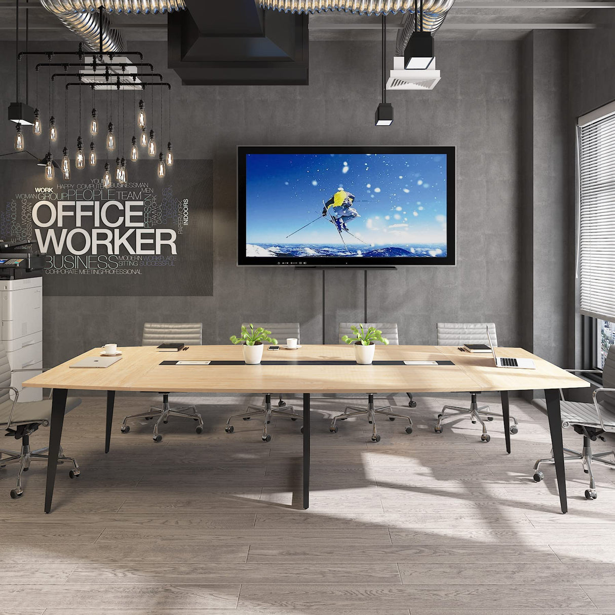 Tribesigns 8FT Conference Table, 94.48L x 47.21W x 29.52H Inches Boat Shaped Meeting Table with Rectangle Grommet, Modern Seminar Boardroom Table for Office Conference Room (Light Wood Grain, 8ft) Tribesigns