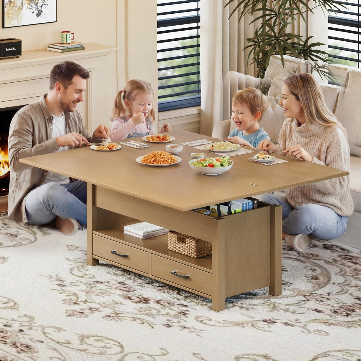 Garvee 40" Coffee Table Lift Top, Multi-Function Convertible Coffee Table with Drawers and Hidden Compartment, Converts to Dining Table for Living Room, Raw Wood Garvee