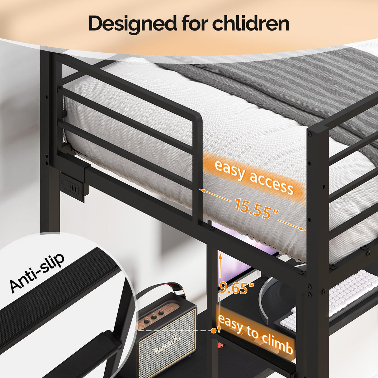 VINGLI Full Metal Loft Bed Frame with L-Shaped Desk, 15 Inches Guardrail, Non-Slip Ladder, 2 Charging Stations, Storage Shelves/4 Drawers/LED Lights, for Kids Teens Adults, No Box Spring Needed, Black VINGLI