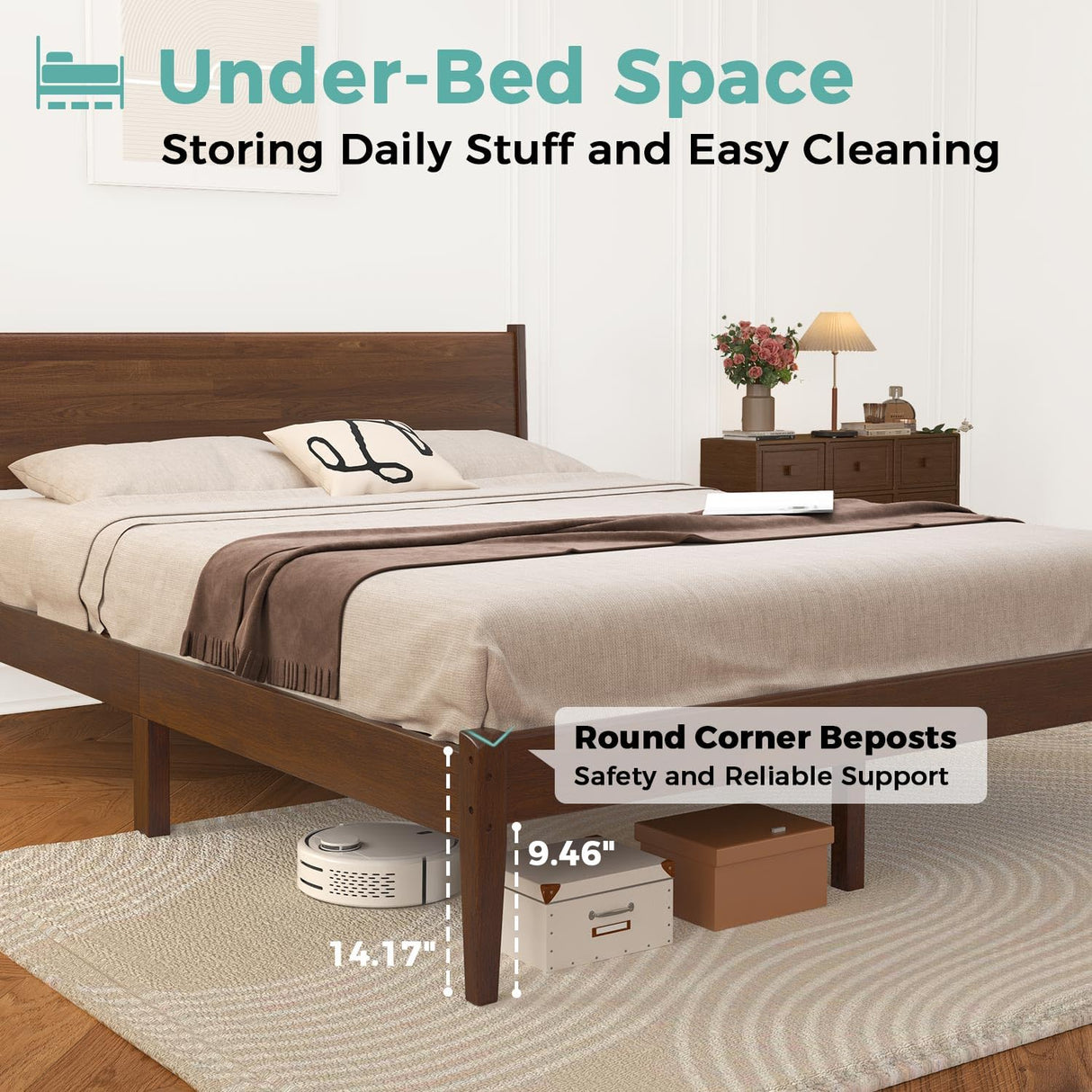 MORDEER Queen Size Bed Frame with Farmhouse Headboard, Malaysian Oak Queen Bed Frame No Box Spring Needed, Platform Bedframe with 12 Slats Support, Easy Assembly, Antique Espresso MORDEER