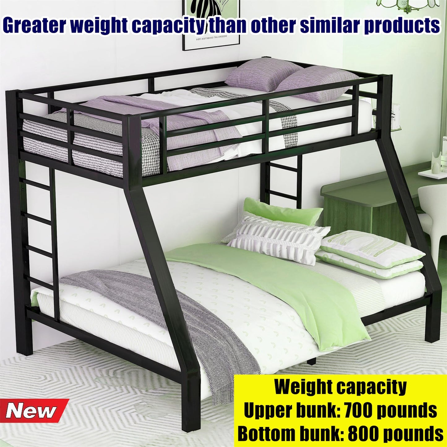 TIHWOALL Latest Upgrade & Stronger Twin XL Over Queen Bunk Bed, Heavy Duty Thickened More Rust-Proof Metal Steel Bunk Queen Bed with Enhanced Legs & Slats (Easier Assembly) (Twin XL Over Queen)