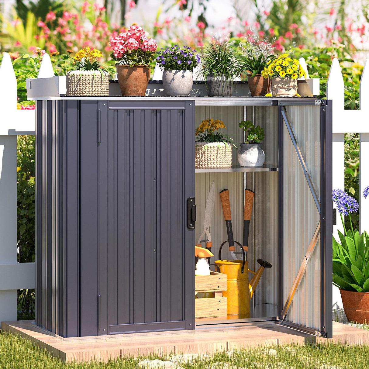 AECOJOY Outdoor Storage Cabinet Waterproof, Outside Metal Sheds & Outdoor Storage Garden Cabinet with Adjustable Shelves for Gardening Tools and Plants, Grey AECOJOY