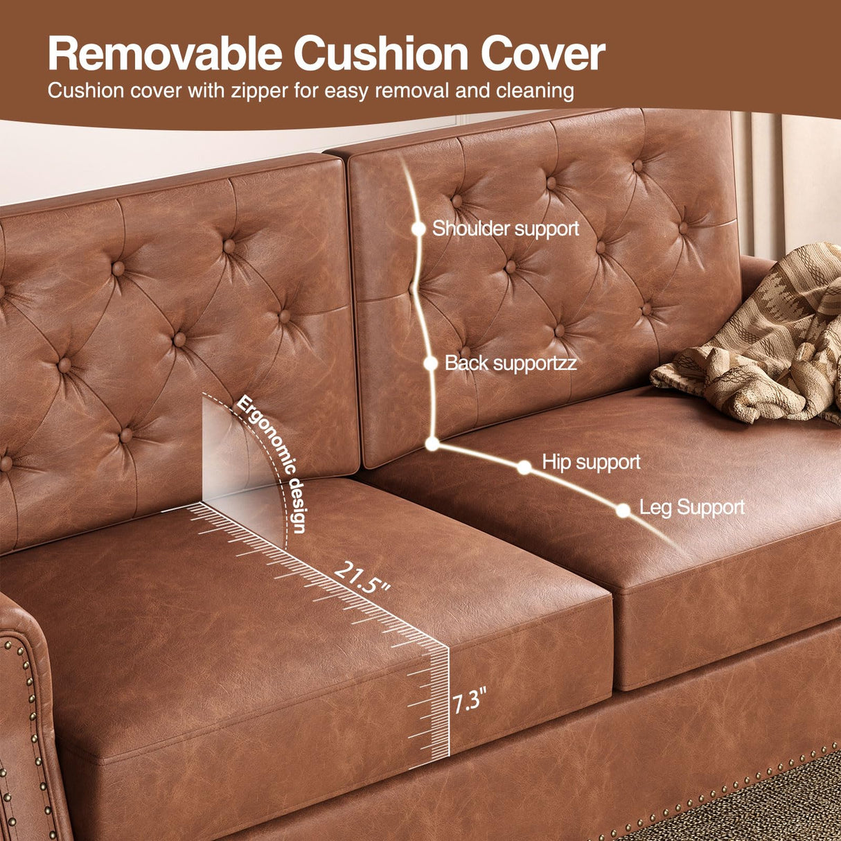 FiveWillowise Brown Couch, 73-inch Sofa Couch, Faux Leather Couch, Office Couch with Wooden Legs, Vintage Couch with Rolled Armrests, Mid Century Modern Couch for Living Room Small Apartment FiveWillowise