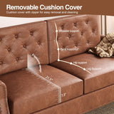 FiveWillowise Brown Couch, 73-inch Sofa Couch, Faux Leather Couch, Office Couch with Wooden Legs, Vintage Couch with Rolled Armrests, Mid Century Modern Couch for Living Room Small Apartment FiveWillowise