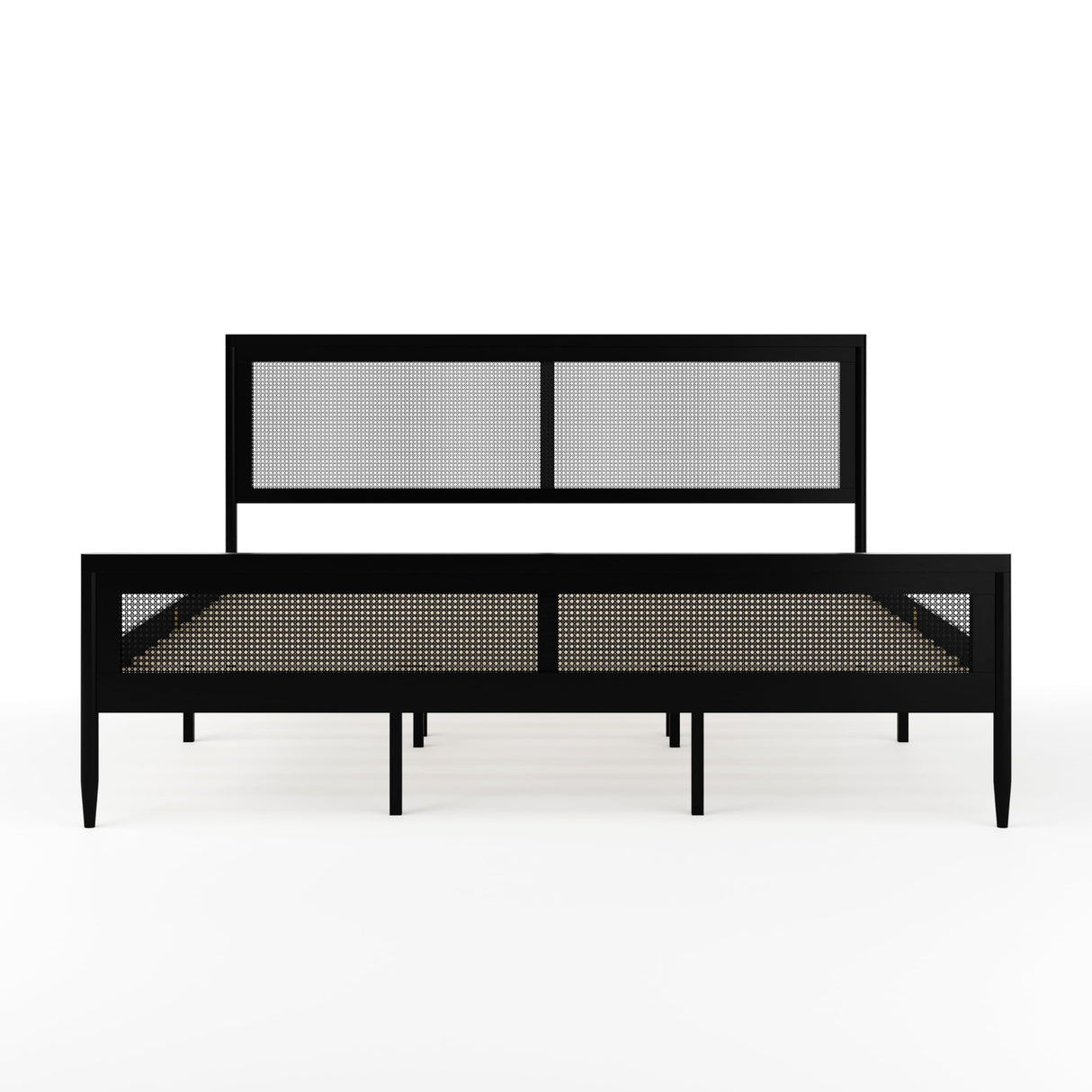 Martha Stewart Jax Platform Bed with Rattan Headboard and Footboard, Solid Wood Frame, Wooden Support Slats, No Box Spring Needed, King Size, Black Martha Stewart
