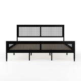 Martha Stewart Jax Platform Bed with Rattan Headboard and Footboard, Solid Wood Frame, Wooden Support Slats, No Box Spring Needed, King Size, Black Martha Stewart
